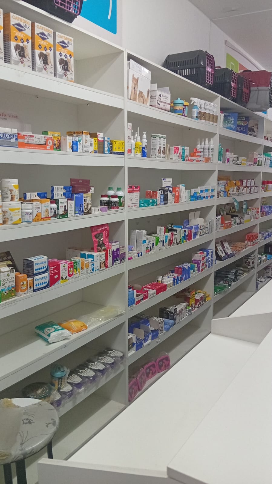 Interior da loja com prateleiras organizadas e variedade de produtos pet.